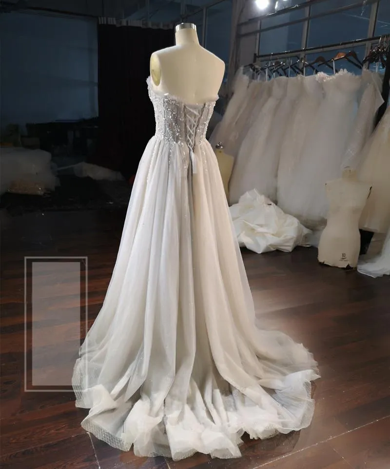 Light Champagne A-line Beaded Sweetheart Long Prom Dress, Eveing Dress Formal Dress