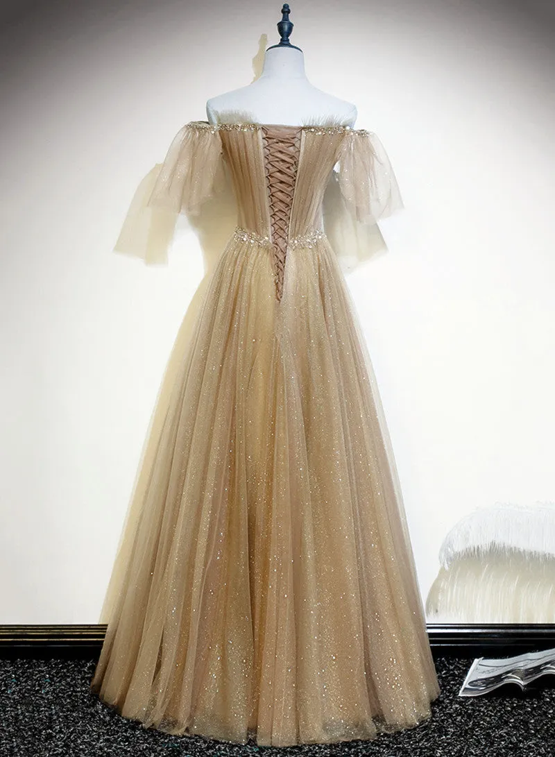 Light Champagne Shiny Tulle Off Shoulder Long Party Dress, A-line New Prom Dresses