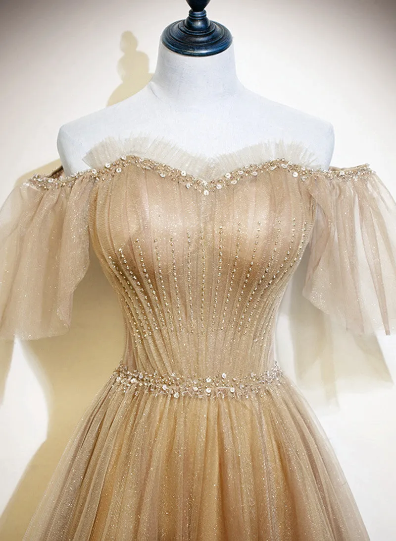 Light Champagne Shiny Tulle Off Shoulder Long Party Dress, A-line New Prom Dresses