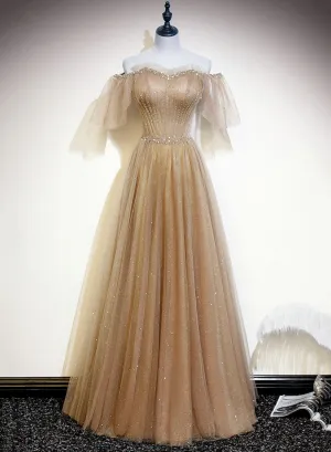 Light Champagne Shiny Tulle Off Shoulder Long Party Dress, A-line New Prom Dresses