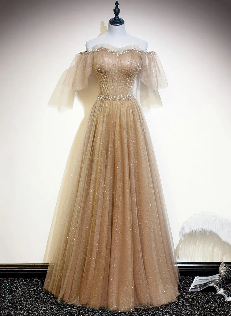 Light Champagne Shiny Tulle Off Shoulder Long Party Dress, A-line New Prom Dresses