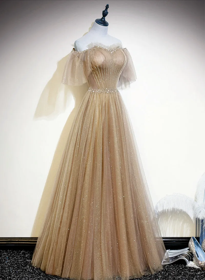 Light Champagne Shiny Tulle Off Shoulder Long Party Dress, A-line New Prom Dresses