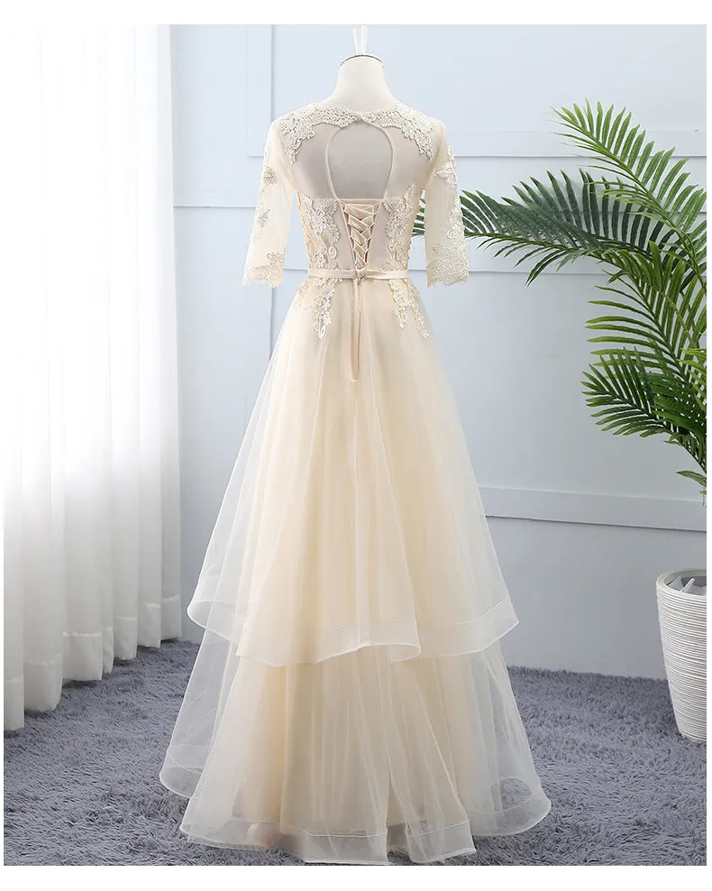 Light Champagne Tulle Lace Short Sleeves Wedding Party Dress, A-line Long Formal Dress Prom Dress