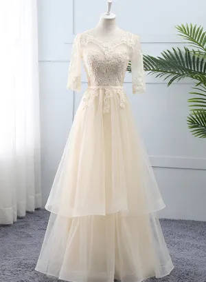 Light Champagne Tulle Lace Short Sleeves Wedding Party Dress, A-line Long Formal Dress Prom Dress