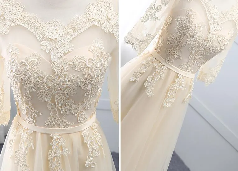 Light Champagne Tulle Lace Short Sleeves Wedding Party Dress, A-line Long Formal Dress Prom Dress