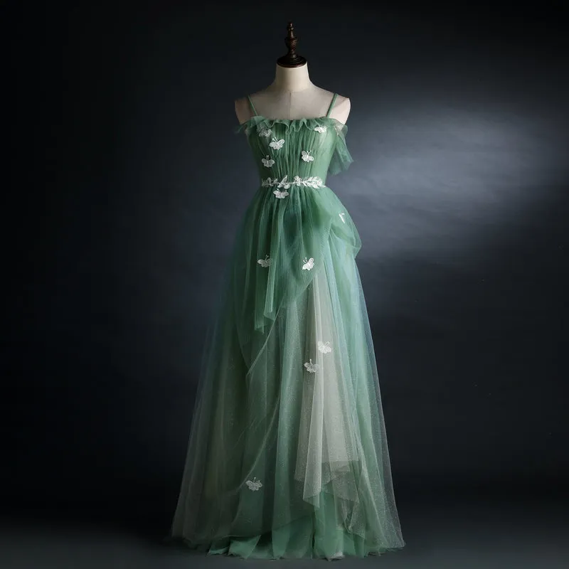 Light Green Straps Tulle Floor Length A-line Prom Dress, Tulle Scoop Party Dress Formal Dress