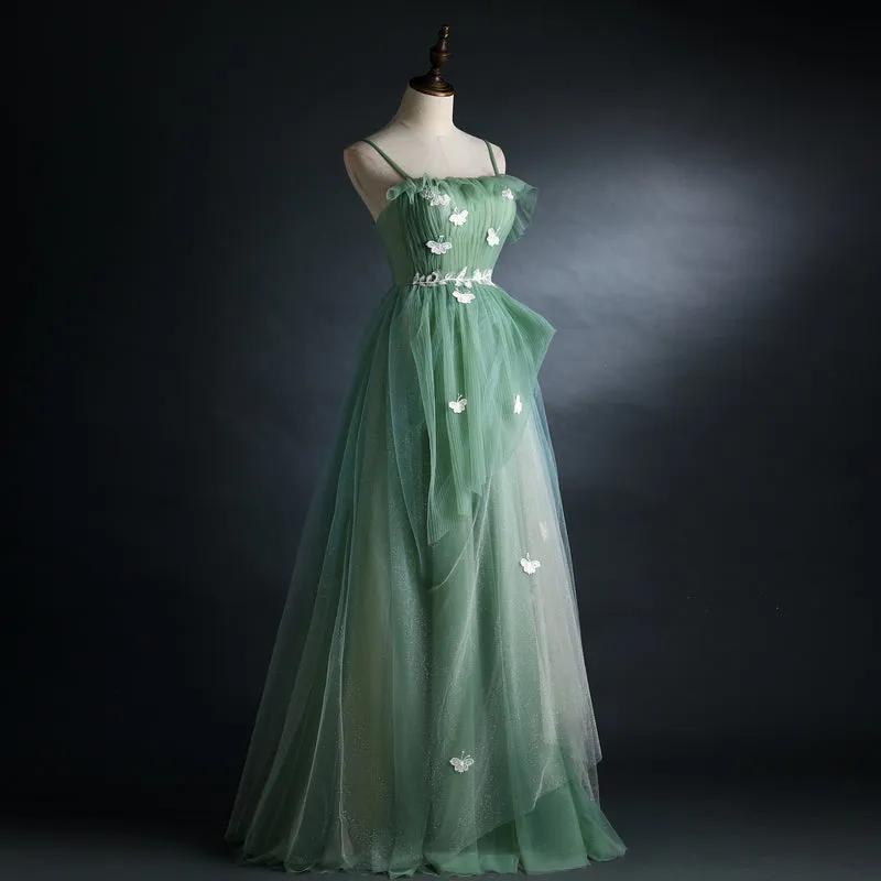 Light Green Straps Tulle Floor Length A-line Prom Dress, Tulle Scoop Party Dress Formal Dress