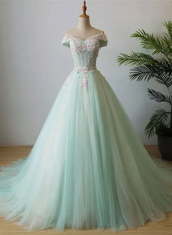 Light Green Tulle Cap Sleeves Off Shoulder Formal Gowns, Green Party Gowns, Prom Dress