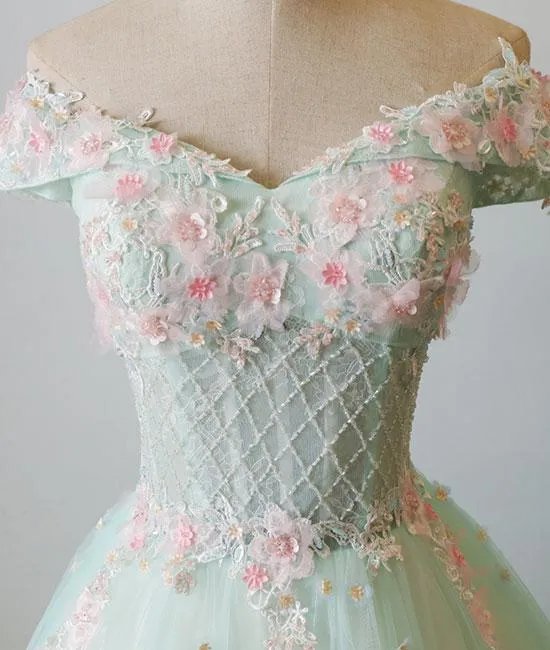 Light Green Tulle Cap Sleeves Off Shoulder Formal Gowns, Green Party Gowns, Prom Dress