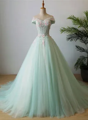 Light Green Tulle Cap Sleeves Off Shoulder Formal Gowns, Green Party Gowns, Prom Dress