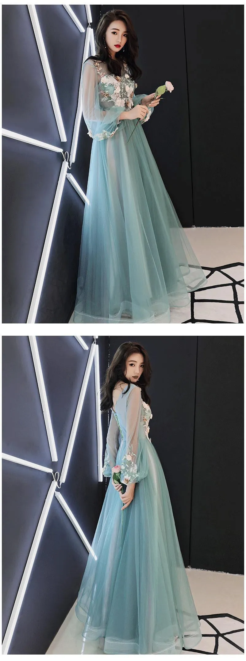 Light Green Tulle Long Party Dress with Flowers, Long Formal Dresses