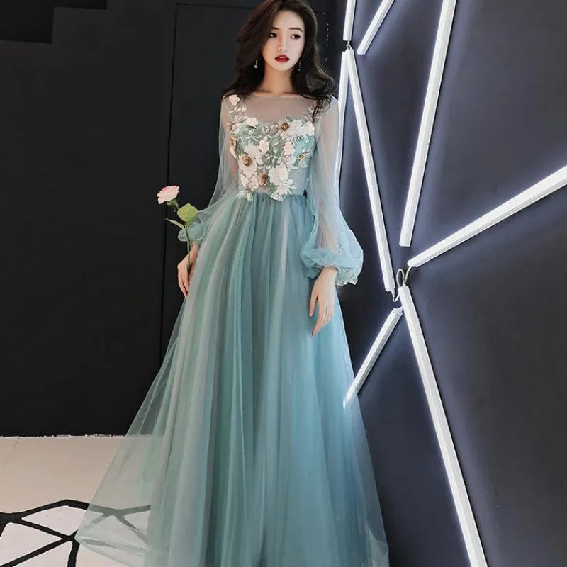 Light Green Tulle Long Party Dress with Flowers, Long Formal Dresses