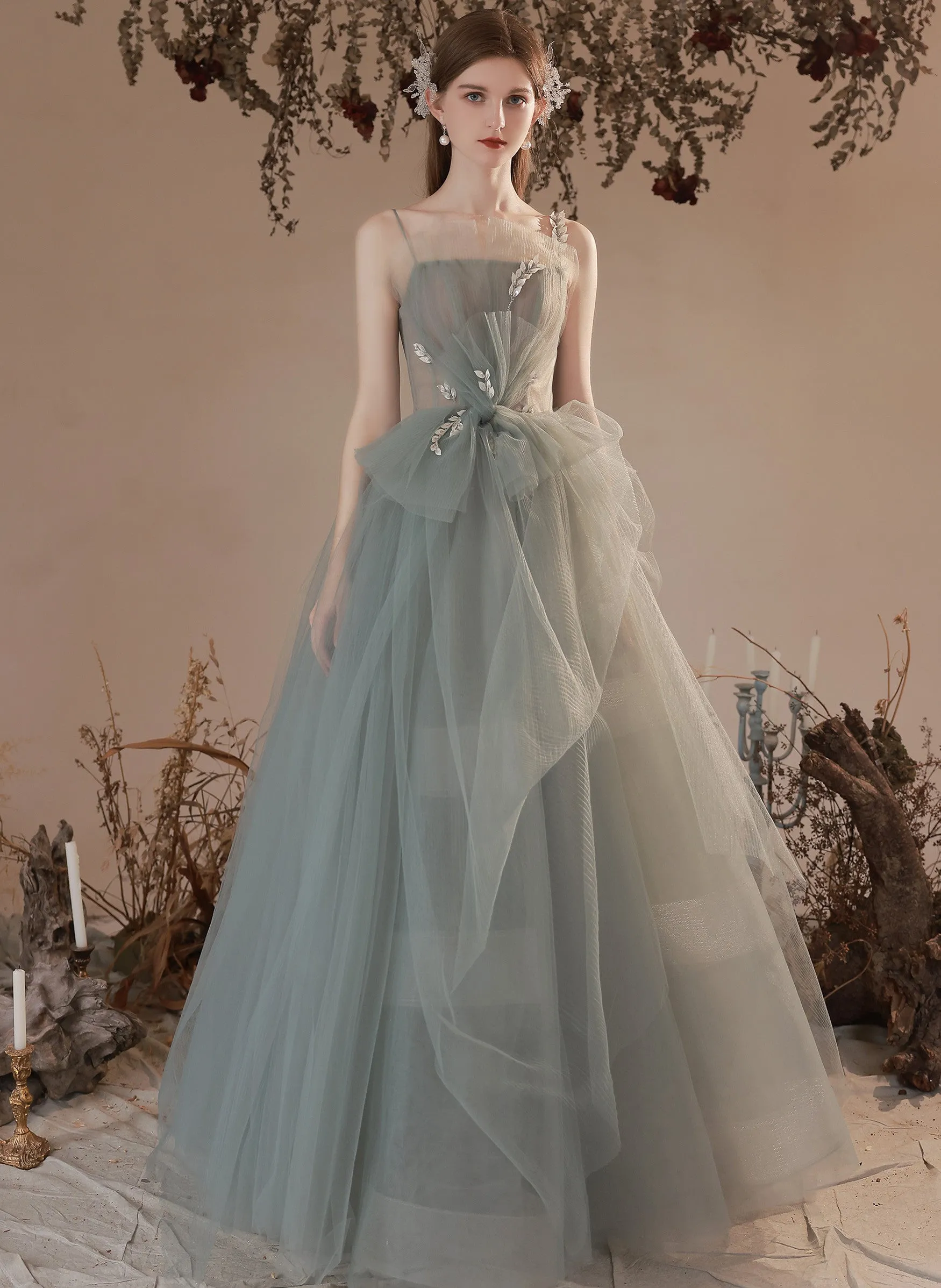 Light Green Tulle with Lace Long Junior Prom Dress, Green Formal Dresses