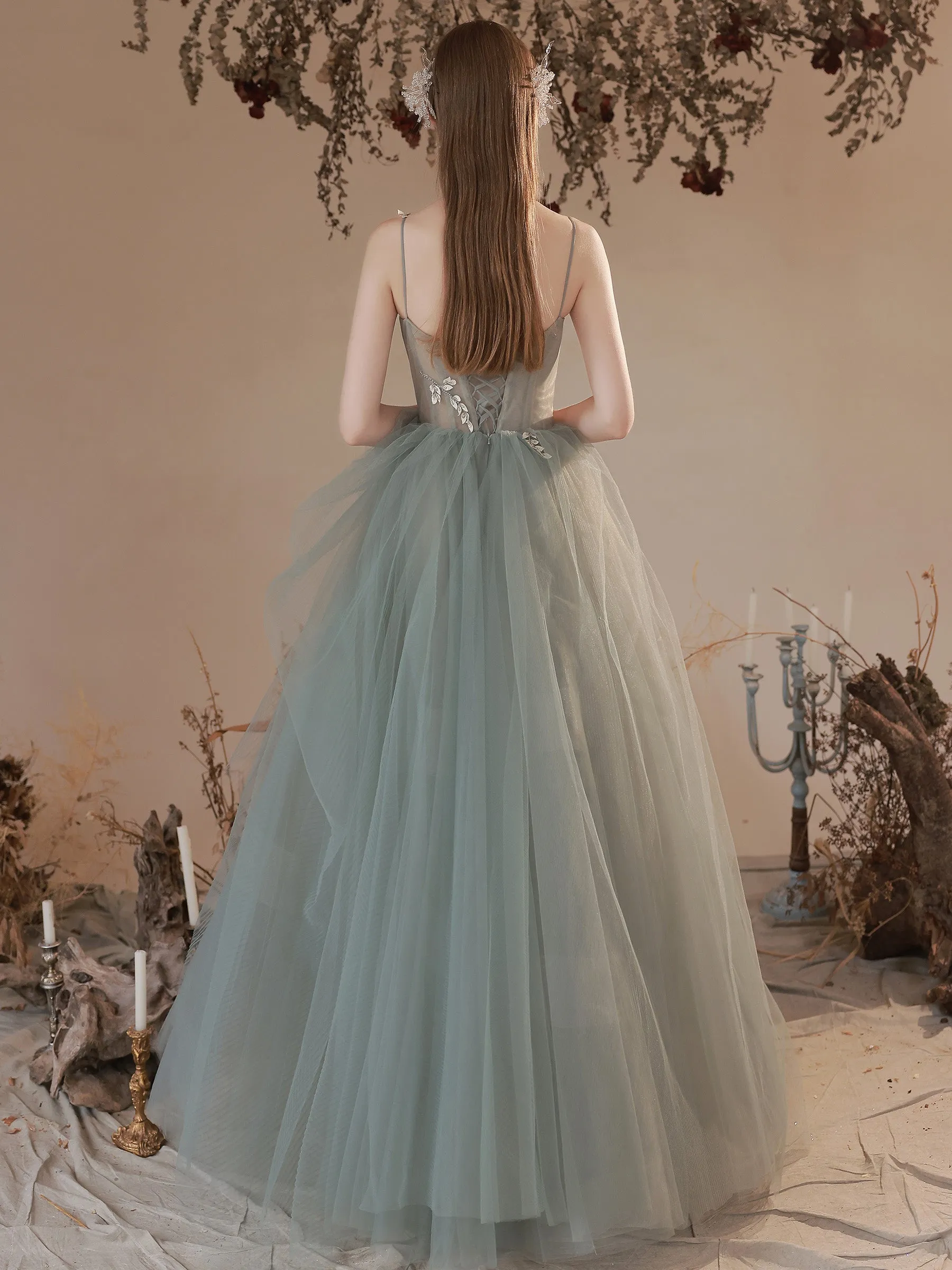 Light Green Tulle with Lace Long Junior Prom Dress, Green Formal Dresses