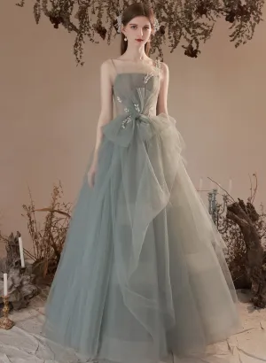 Light Green Tulle with Lace Long Junior Prom Dress, Green Formal Dresses