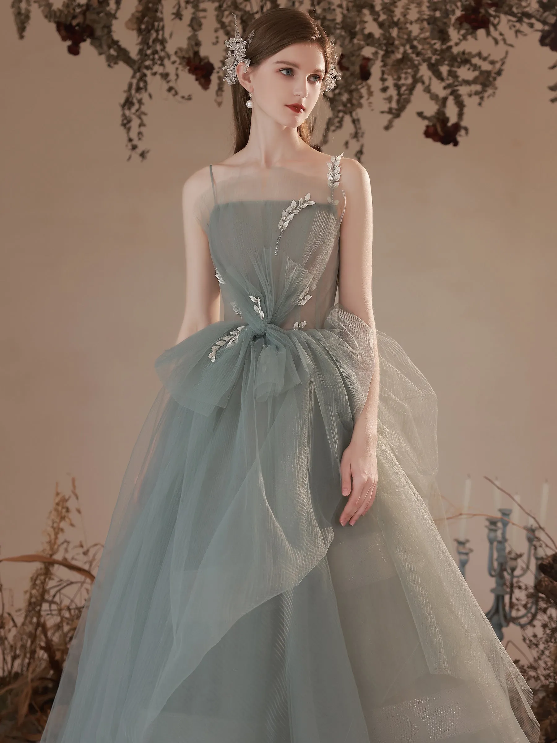 Light Green Tulle with Lace Long Junior Prom Dress, Green Formal Dresses