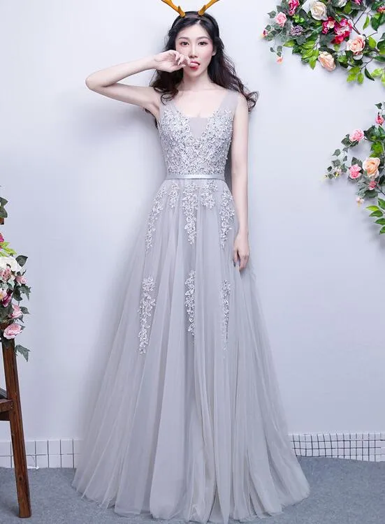 Light Grey Lace Appique Long V-neckline Party Dress, A-line Tulle Prom Dress Bridesmaid Dress