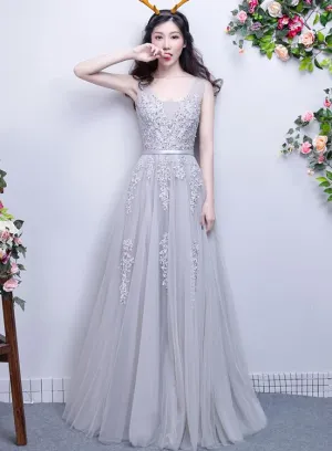 Light Grey Lace Appique Long V-neckline Party Dress, A-line Tulle Prom Dress Bridesmaid Dress