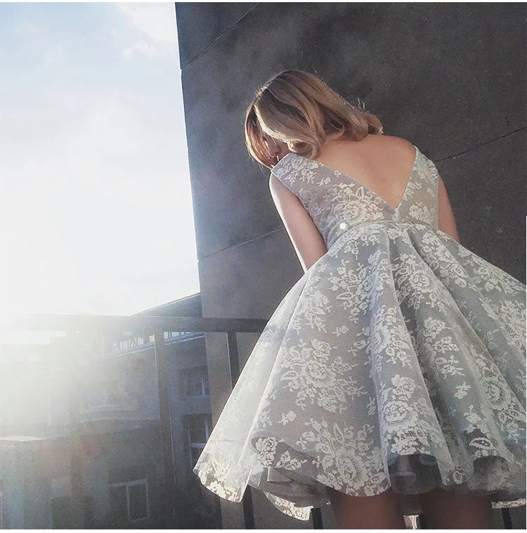 Light Grey Lace Homecoming Dress, V-neckline Formal Dress