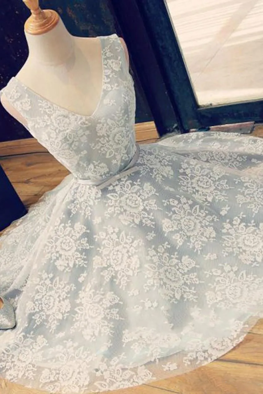 Light Grey Lace Homecoming Dress, V-neckline Formal Dress