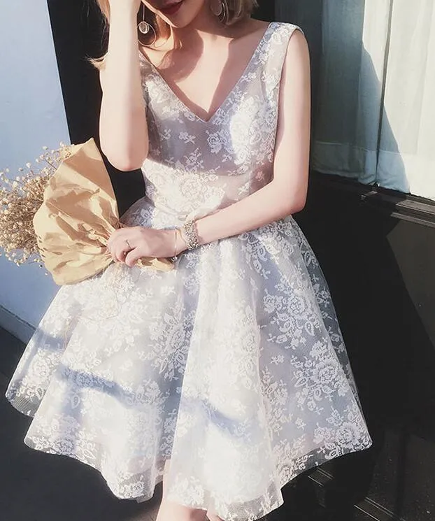 Light Grey Lace Homecoming Dress, V-neckline Formal Dress