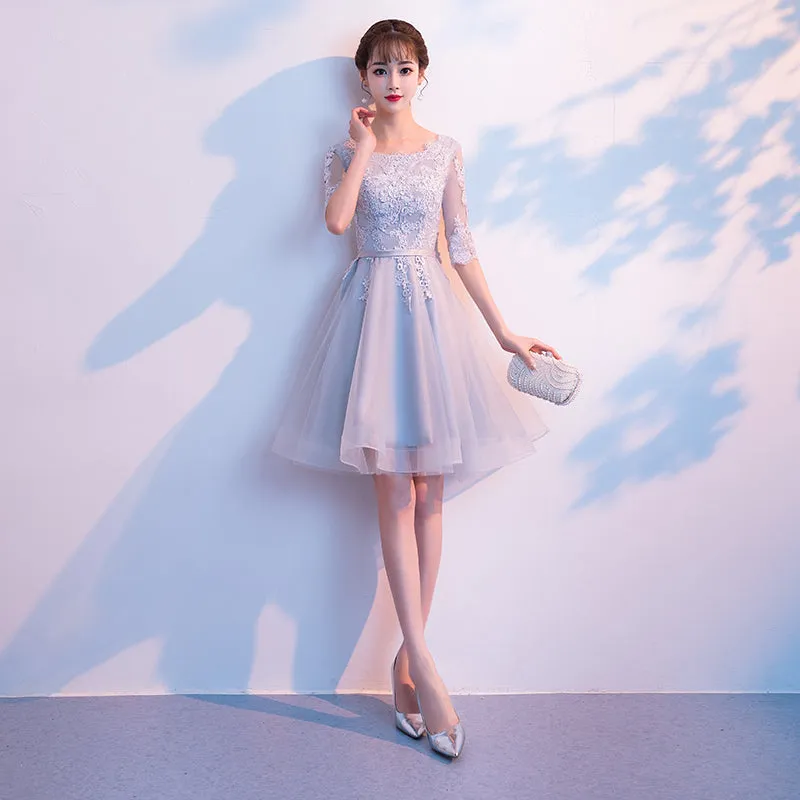 Light Grey Short Sleeves Tulle with Lace Party Dress, Bridesmaid Dress