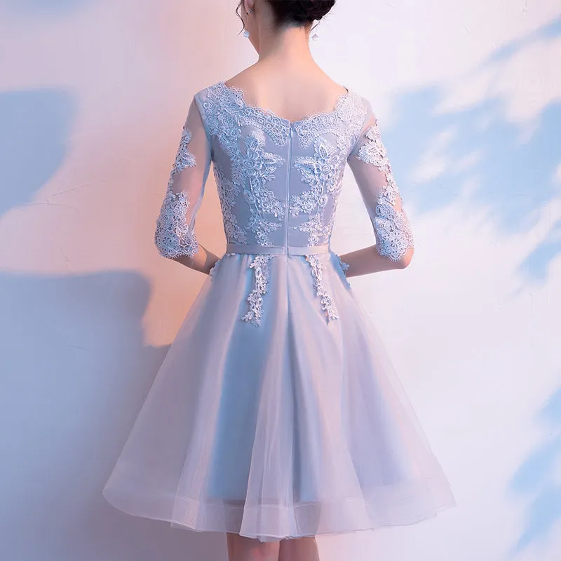 Light Grey Short Sleeves Tulle with Lace Party Dress, Bridesmaid Dress