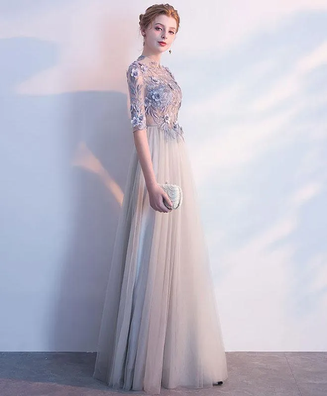 Light Grey Tulle Long Lace Applique Flowers Wedding Party Dresses, A-line Tulle Evening Dress Prom Dress