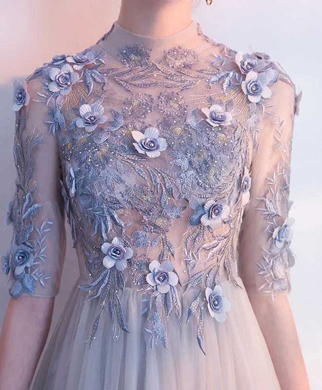 Light Grey Tulle Long Lace Applique Flowers Wedding Party Dresses, A-line Tulle Evening Dress Prom Dress