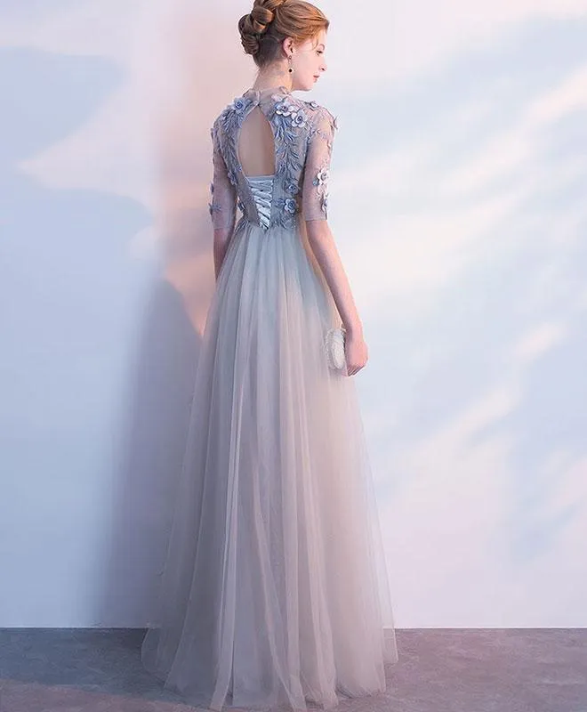 Light Grey Tulle Long Lace Applique Flowers Wedding Party Dresses, A-line Tulle Evening Dress Prom Dress