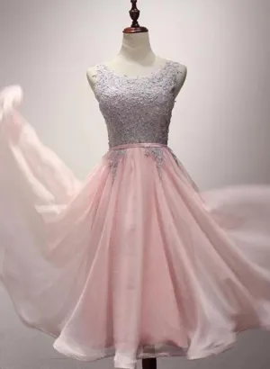 Light Pink Round Neckline Chiffon and Lace Knee Length Party Dress, Wedding Party Dresses