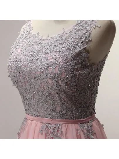 Light Pink Round Neckline Chiffon and Lace Knee Length Party Dress, Wedding Party Dresses