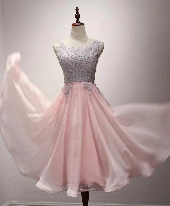 Light Pink Round Neckline Chiffon and Lace Knee Length Party Dress, Wedding Party Dresses