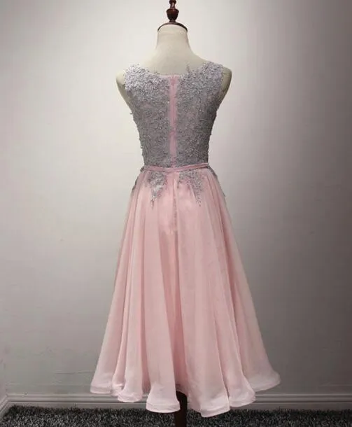 Light Pink Round Neckline Chiffon and Lace Knee Length Party Dress, Wedding Party Dresses