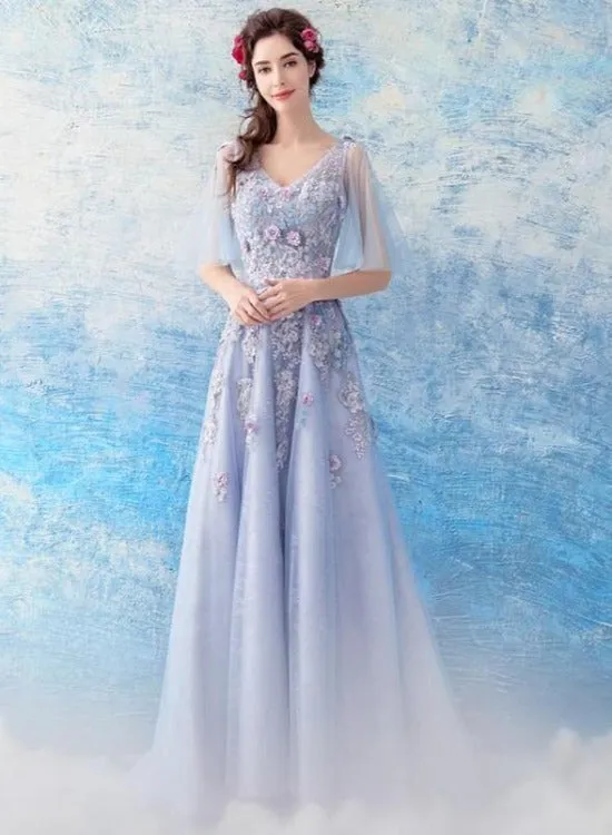 Light Purple Tulle Flowers Lace A-line V-neckline Prom Dress,Purple New Party Dresses