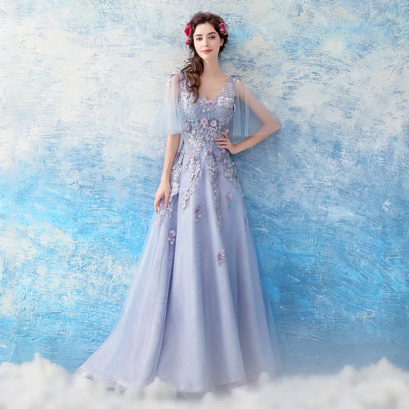Light Purple Tulle Flowers Lace A-line V-neckline Prom Dress,Purple New Party Dresses