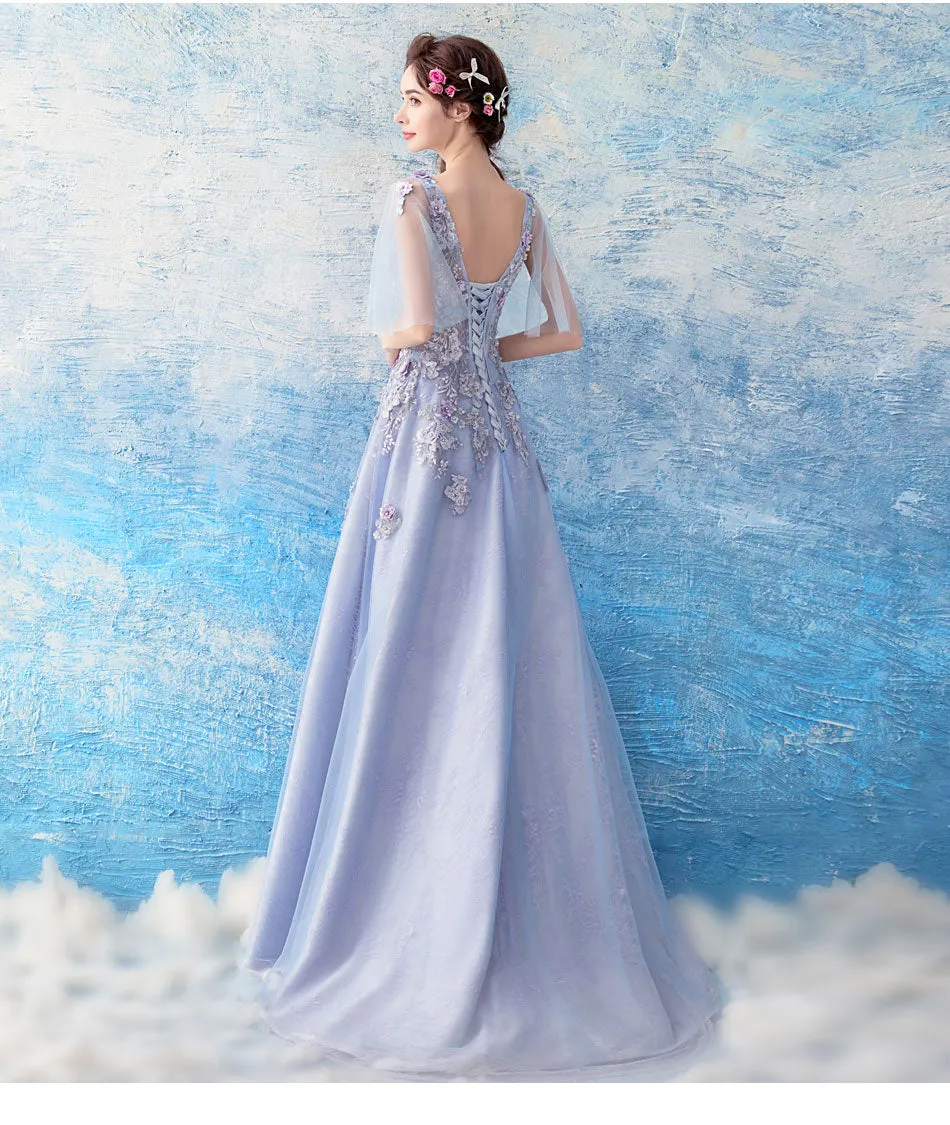Light Purple Tulle Flowers Lace A-line V-neckline Prom Dress,Purple New Party Dresses