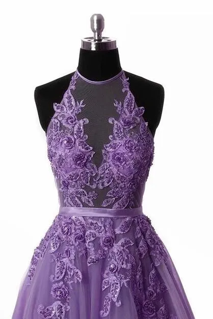 Light PurpleHalter Neck Lace Prom Dress with Sweep Train, Backless Evening Gowns