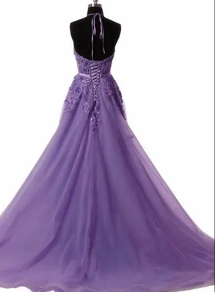 Light PurpleHalter Neck Lace Prom Dress with Sweep Train, Backless Evening Gowns