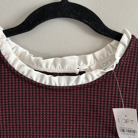 Loft maroon checkered ruffle neck dress