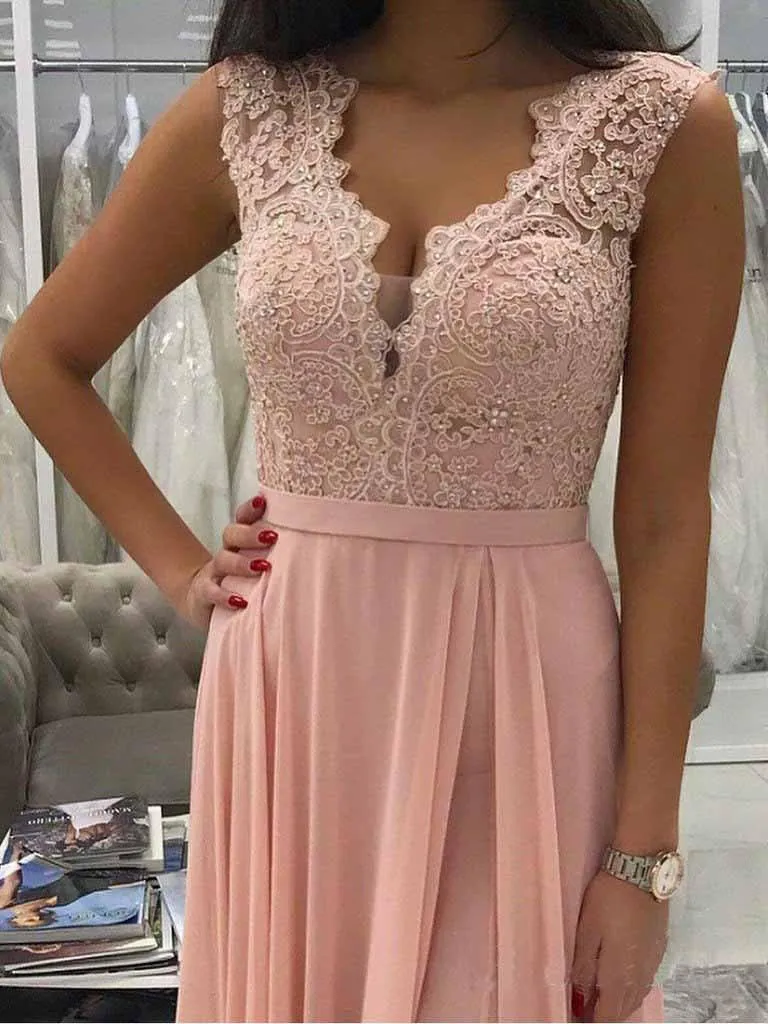 Long Chiffon Lace Beaded Prom Dresses Pink V-neck Formal Dress PG958