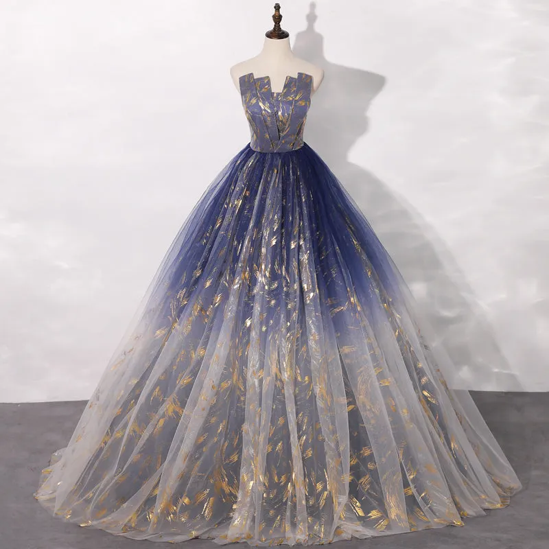 Lovely Blue Floor Length Gradient Party Dress, A-line Long Formal Dress Prom Dress