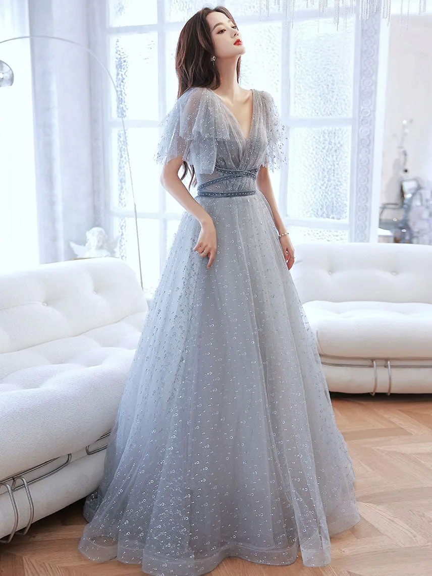 Lovely Grey Shiny Tulle V-neckline Puffy Sleeves Long Prom Dresses, Grey Evening Dresses