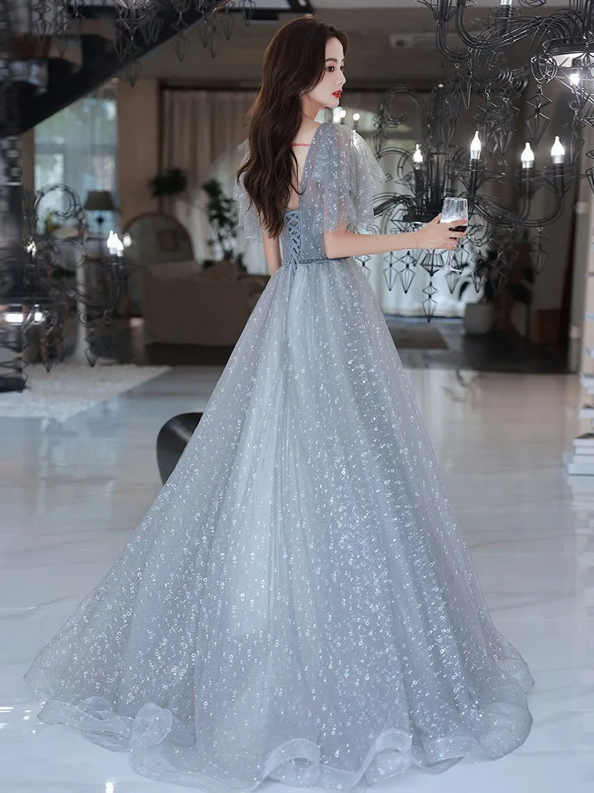 Lovely Grey Shiny Tulle V-neckline Puffy Sleeves Long Prom Dresses, Grey Evening Dresses
