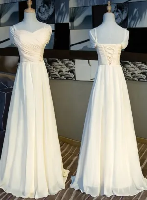 Lovely Light Champagne Simple Long Party Dress, A-line Cap Sleeves Formal Dress