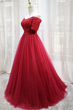 Lovely Short Sleeves Tulle Prom Dress , Wine Red Long Party Dress