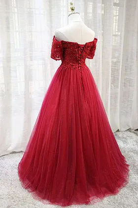 Lovely Short Sleeves Tulle Prom Dress , Wine Red Long Party Dress