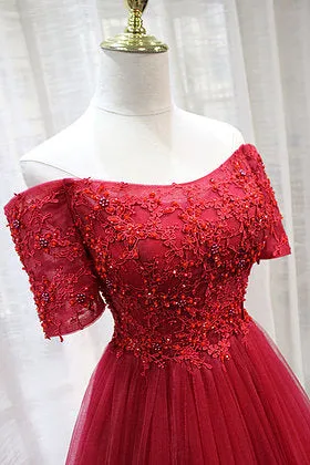 Lovely Short Sleeves Tulle Prom Dress , Wine Red Long Party Dress