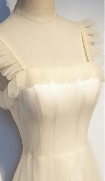 Lovely Tulle Champagne Long Party Dress, Beautiful Tulle Prom Dress