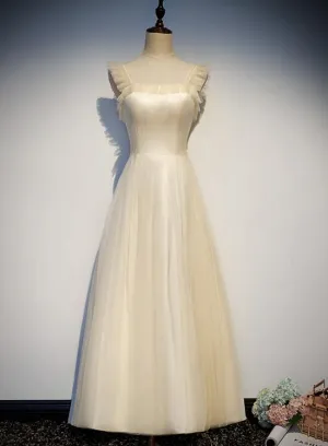 Lovely Tulle Champagne Long Party Dress, Beautiful Tulle Prom Dress